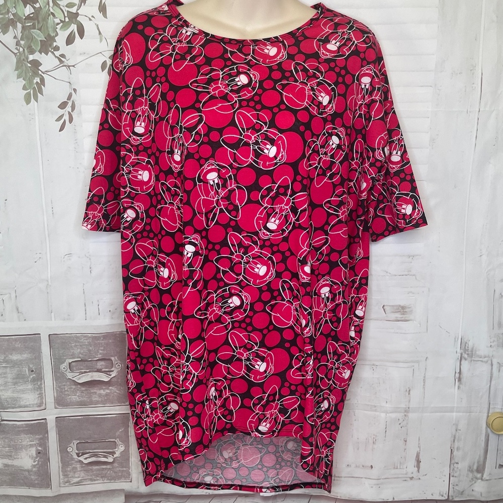 LuLaRoe Irma Disney Womens Pink Black Mini Mouse Knit Hi Lo Shirt Top Sz X Small